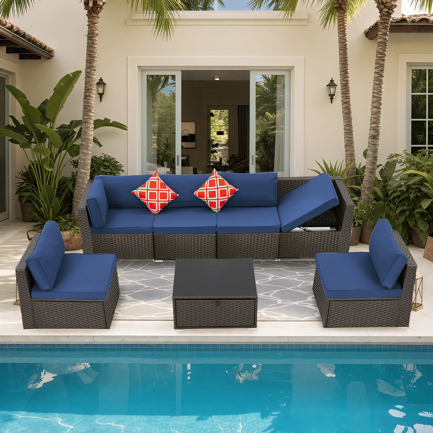 Homrest 7 Piece Outdoor Patio Furniture with Storage Table, Cushions and Pillows, Blue