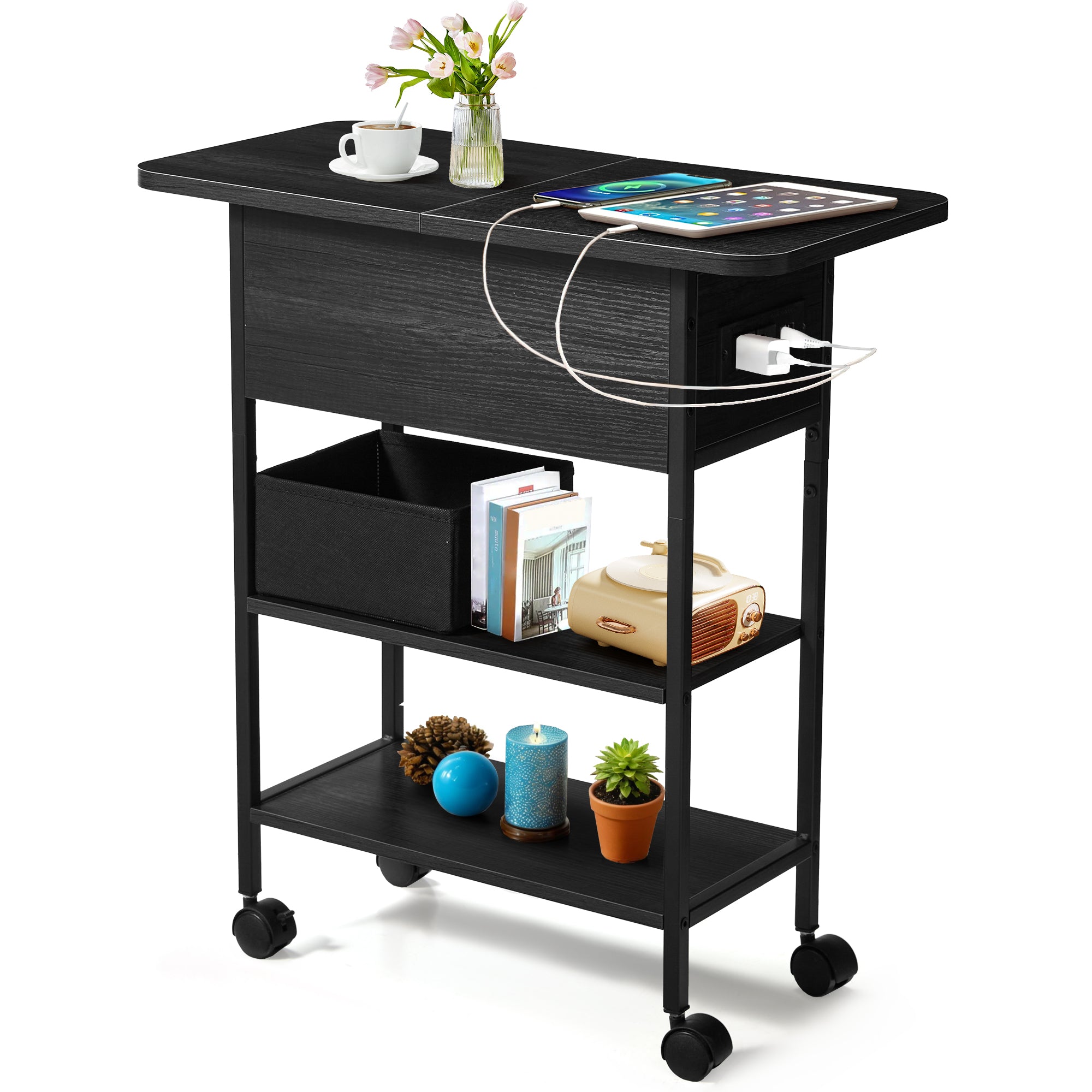 HOMREST Multi-Functional Flip Side Table, 360° Swivel Wheels & Storage Shelf for Living Room/Bedroom, Rustic Brown Wood End Table, Black