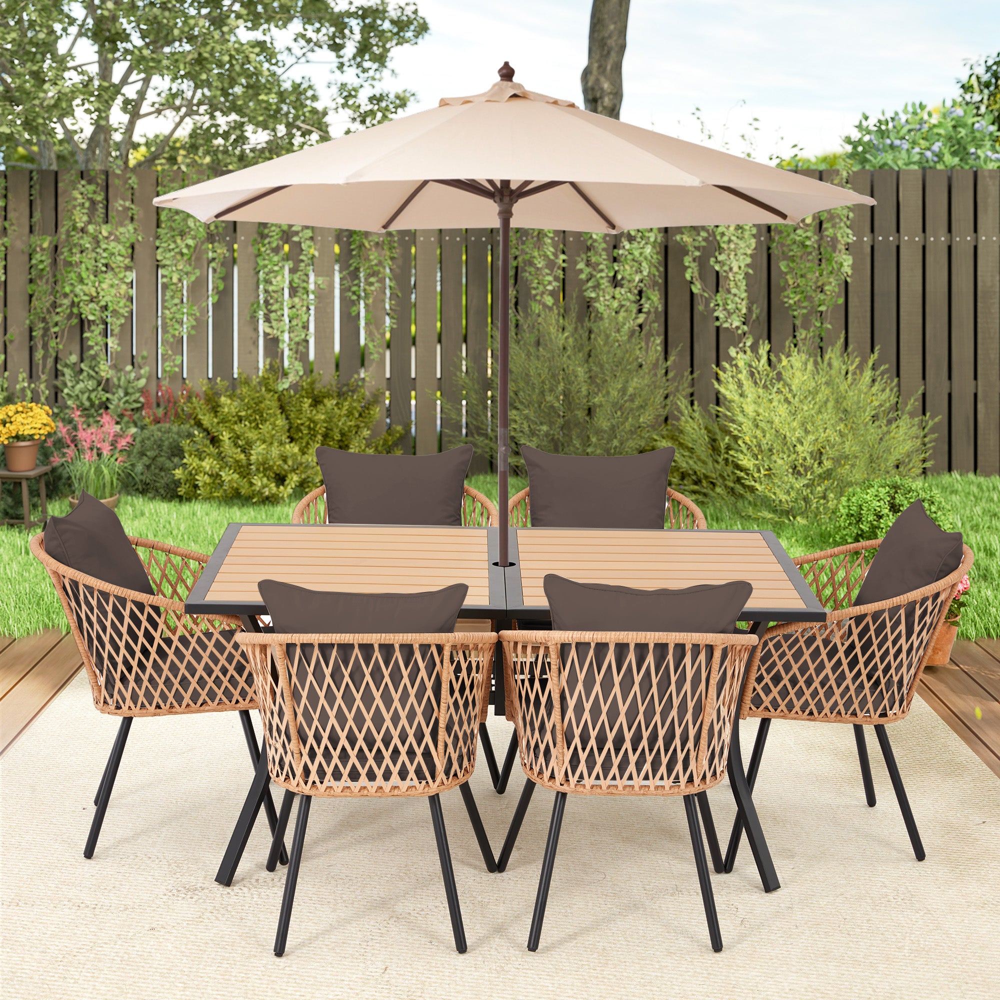 HOMREST 7-Piece Outdoor Dining Set – Rectangular Table with Umbrella Hole & 6 Rattan Chairs, Brown