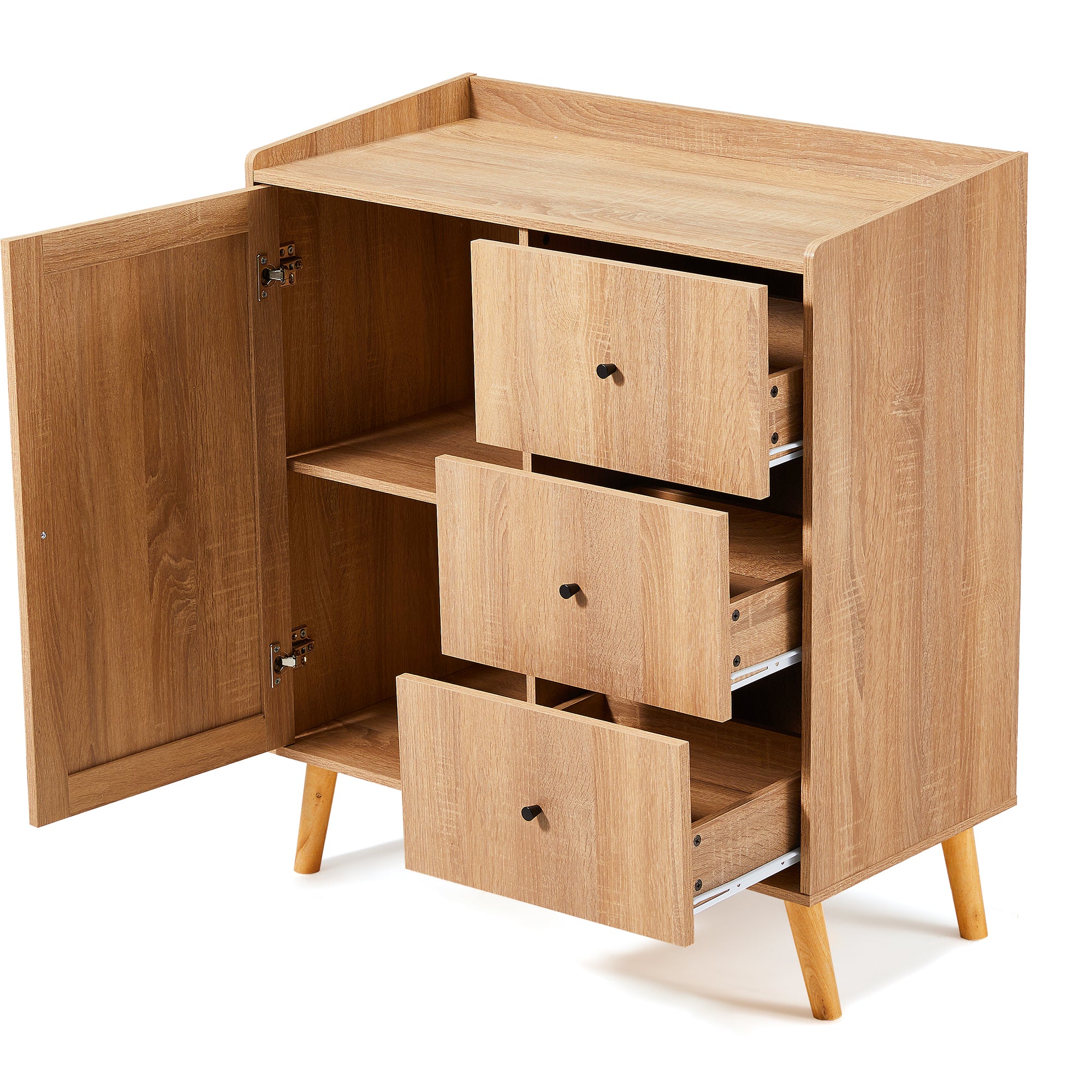 HOMREST Modern Cabinet with Rattan Door and 3 Drawers