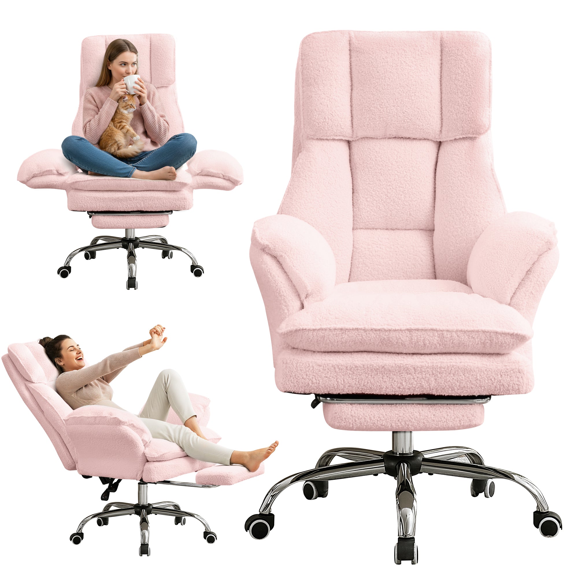 HOMREST Cloud Cross Legged Office Chair with Footrest,Leather Big and Tall Executive Ergonomic Chair,155° Reclining Computer Wide Desk Chair, Pink