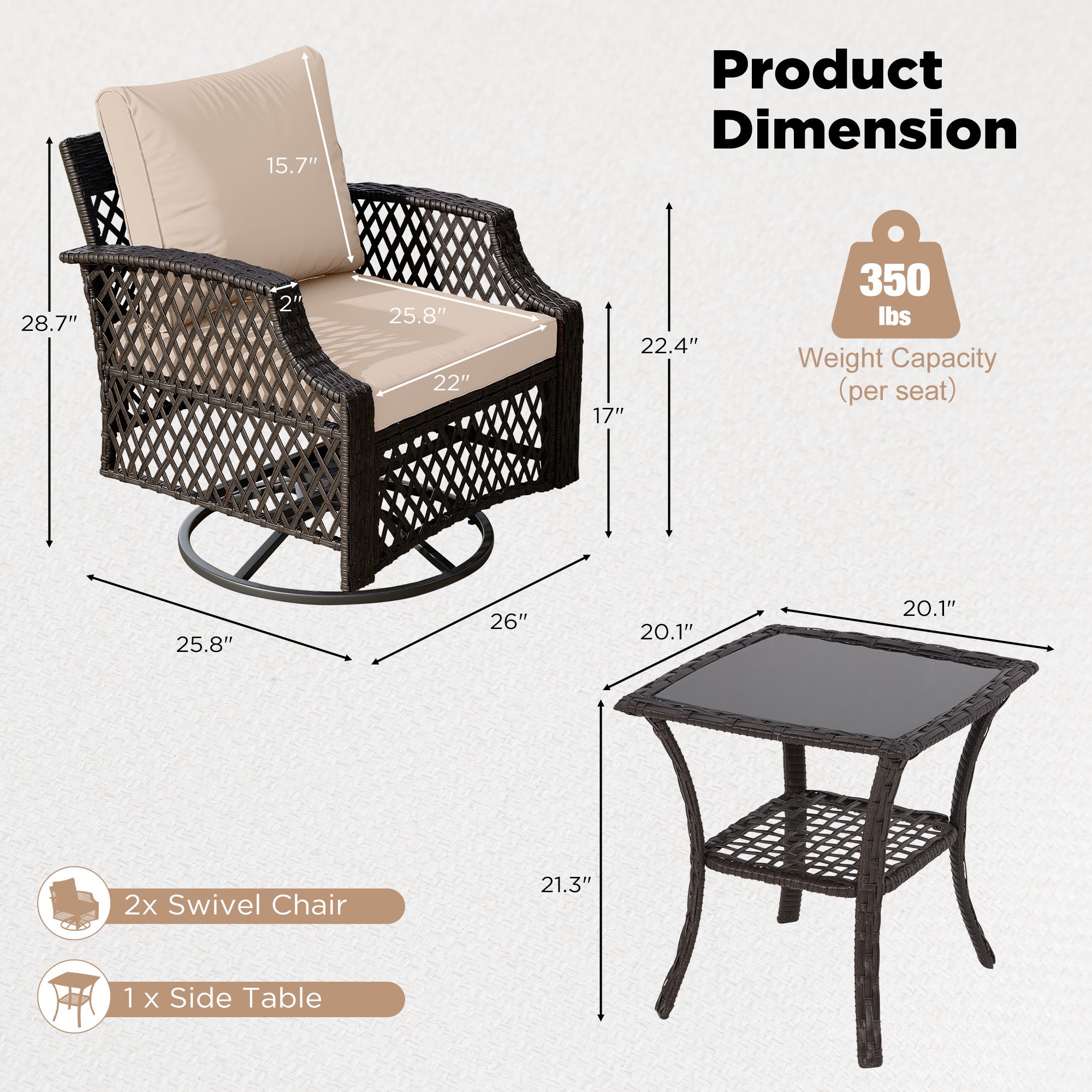 HOMREST 3 Piece Outdoor Swivel Chair Set, Patio Furniture Conversation Set for Deck, Yard, Garden, Poolside(Khaki)
