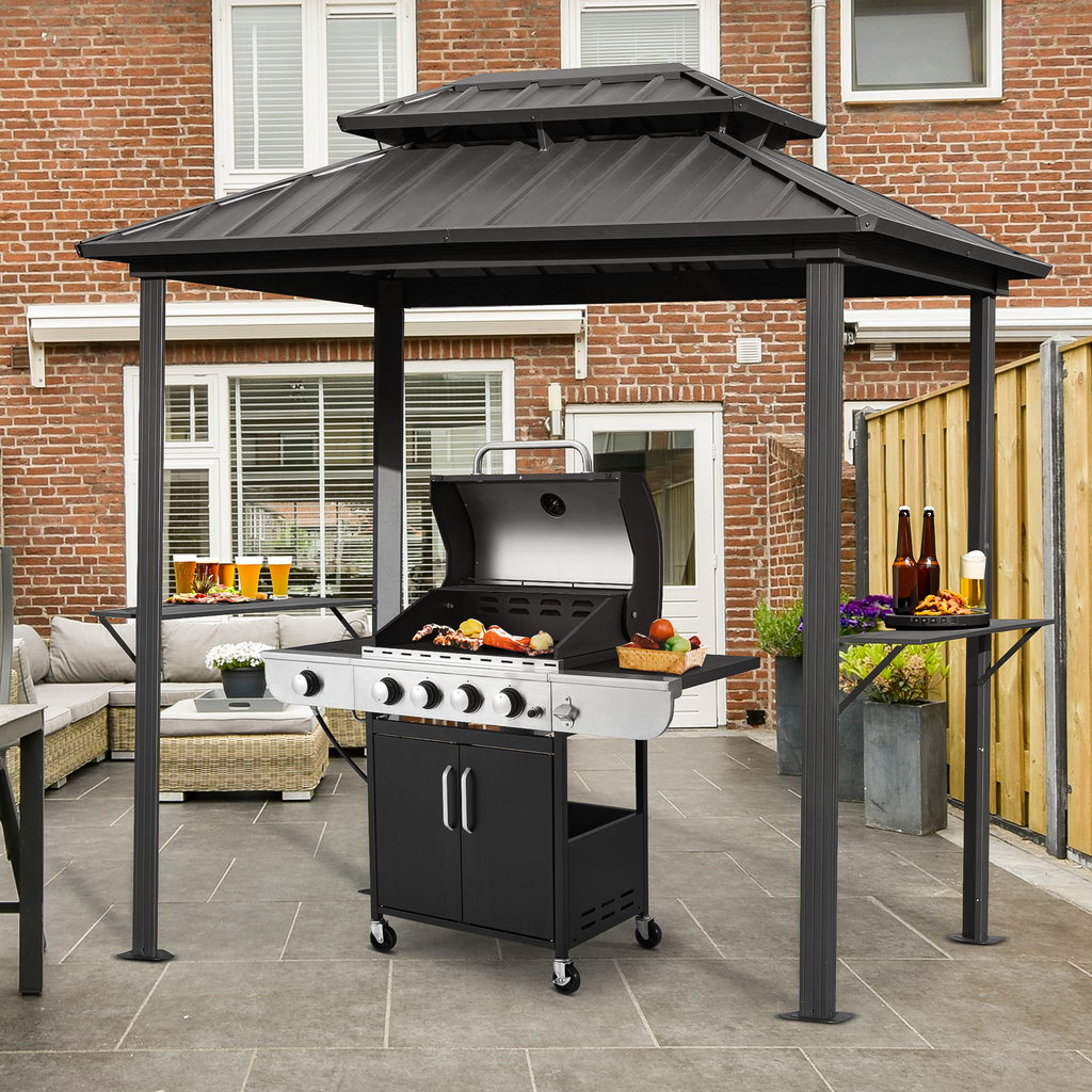 HOMREST 8x6 FT Outdoor Grill Gazebo with Double Steel Roof & Shelves