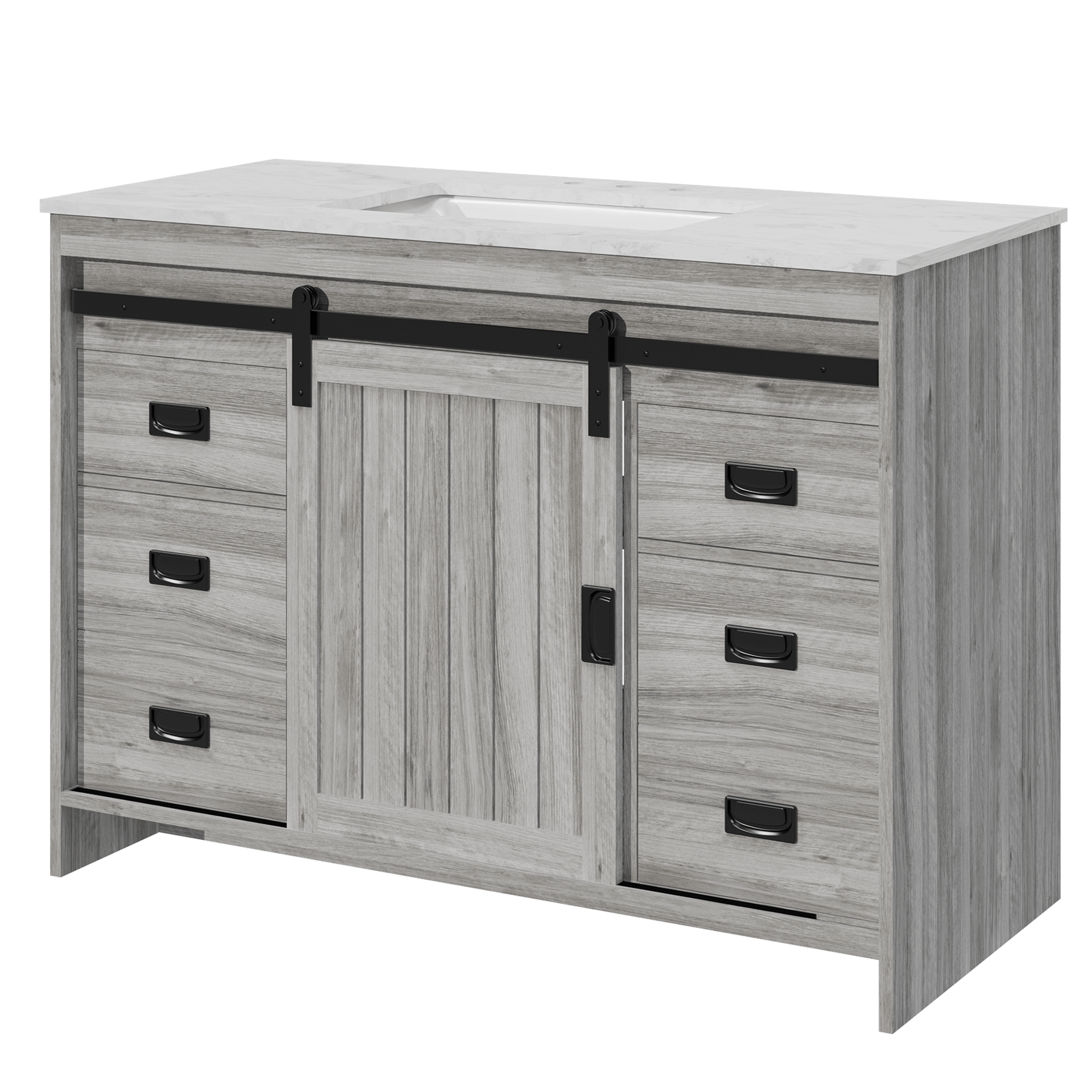 HOMREST 48" Farmhouse Single Bathroom Vanity with Engineered Stone Top, Sliding Barn Door Sink Vanity, Gray
