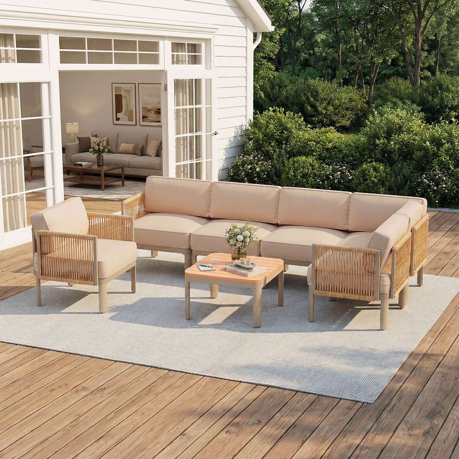 HOMREST 7 Pieces Patio Sectional Furniture Set, Aluminum Frame Outdoor Conversation Set with Single seat, 6" Thick Cushions & Coffee Table, Beige