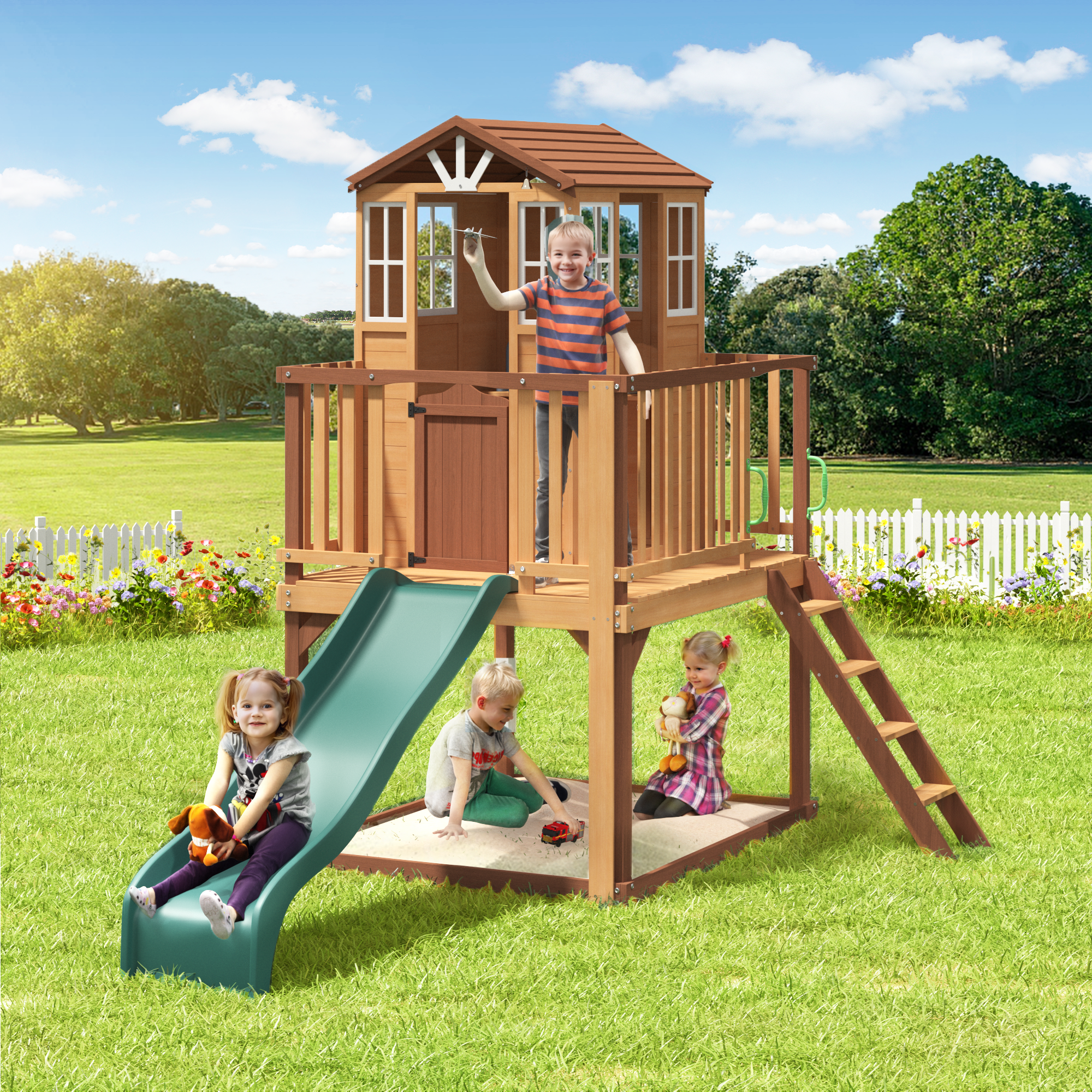 Homrest  Outdoor Wooden Playhouse for Kids - Fir Tree House with Slide, Climbing Ladder & Play Kitchen | Ages 4-8, Wood