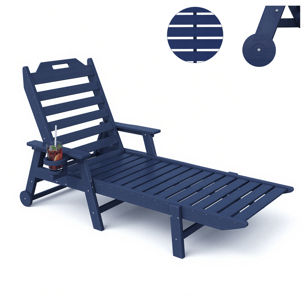 HOMREST 22" W Oversized Chaise Lounge Chairs, Adjustable HDPE Outdoor Chairs with Wheels & Cup Holder, Navy Blue