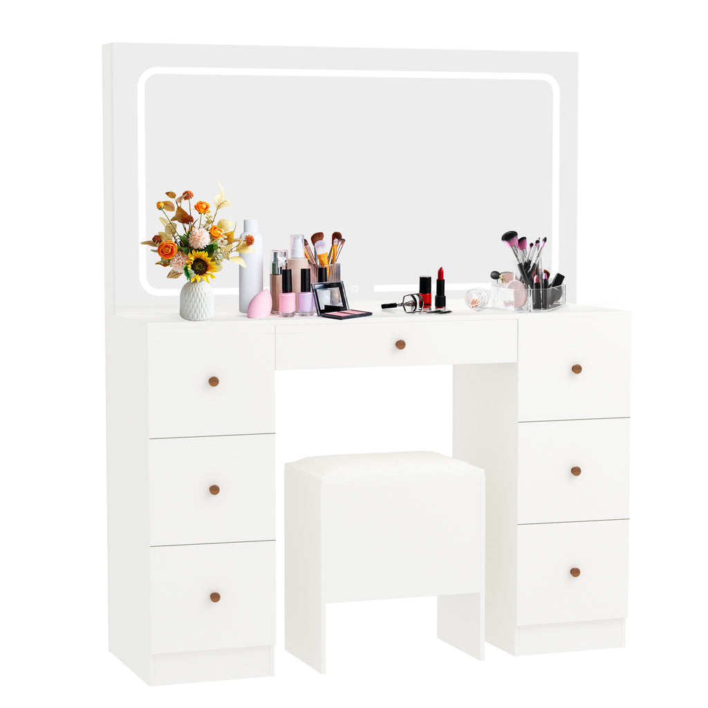 Homrest Modern Makeup Vanity Desk With Stool, USB & Power Outlet, Large Vanity Desk With Led Lighted Mirror & Charger Station , 7 Drawers Vanity Table With Cushioned Stool, White