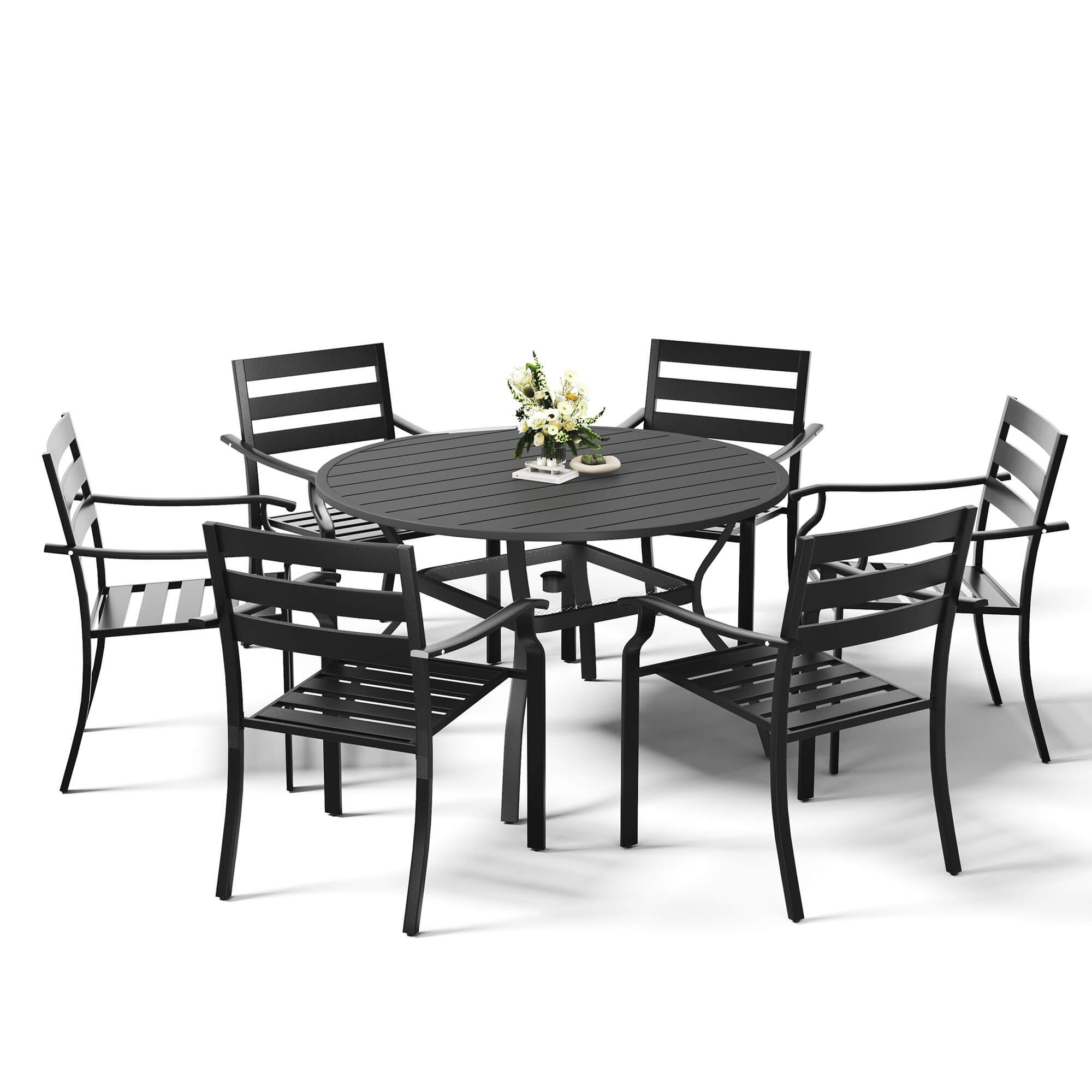 HOMREST 7-Piece Outdoor Patio Dining Set for 6, Round Metal Table with Umbrella Hole & Stackable Chairs