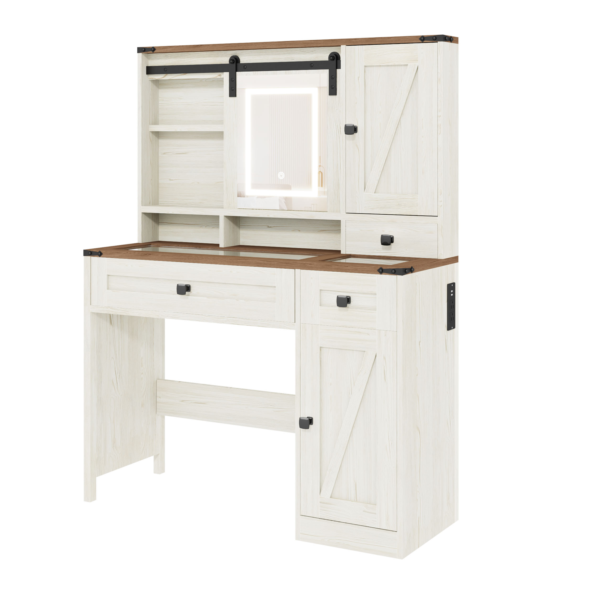 HOMREST  Farmhouse Vanity Desk with Mirror, Lights and Jewelry Storage, Rustic Farmhouse Style