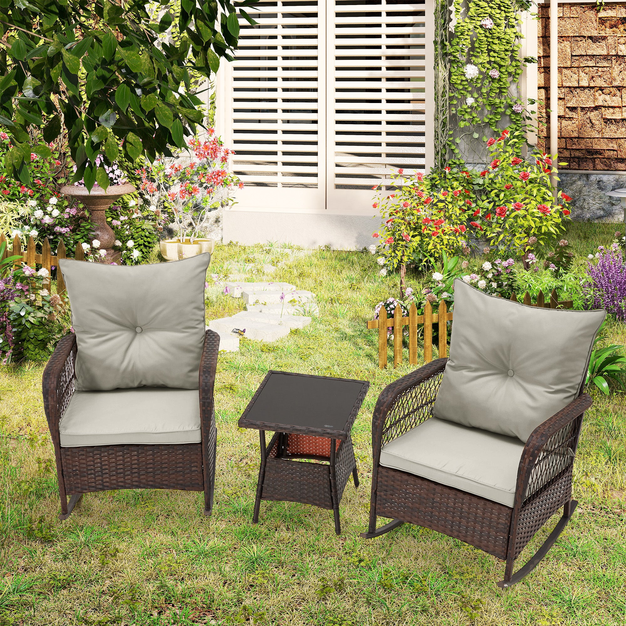 HOMREST 3-Piece Rattan Rocking Bistro Set with Glass Coffee Table for Porch & Garden