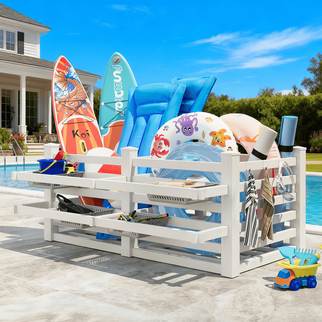 HOMREST 64" W x 92" L x 38" H Extra Large Pool Storage Organizer with Hooks, Waterproof Float Storage Bin, White