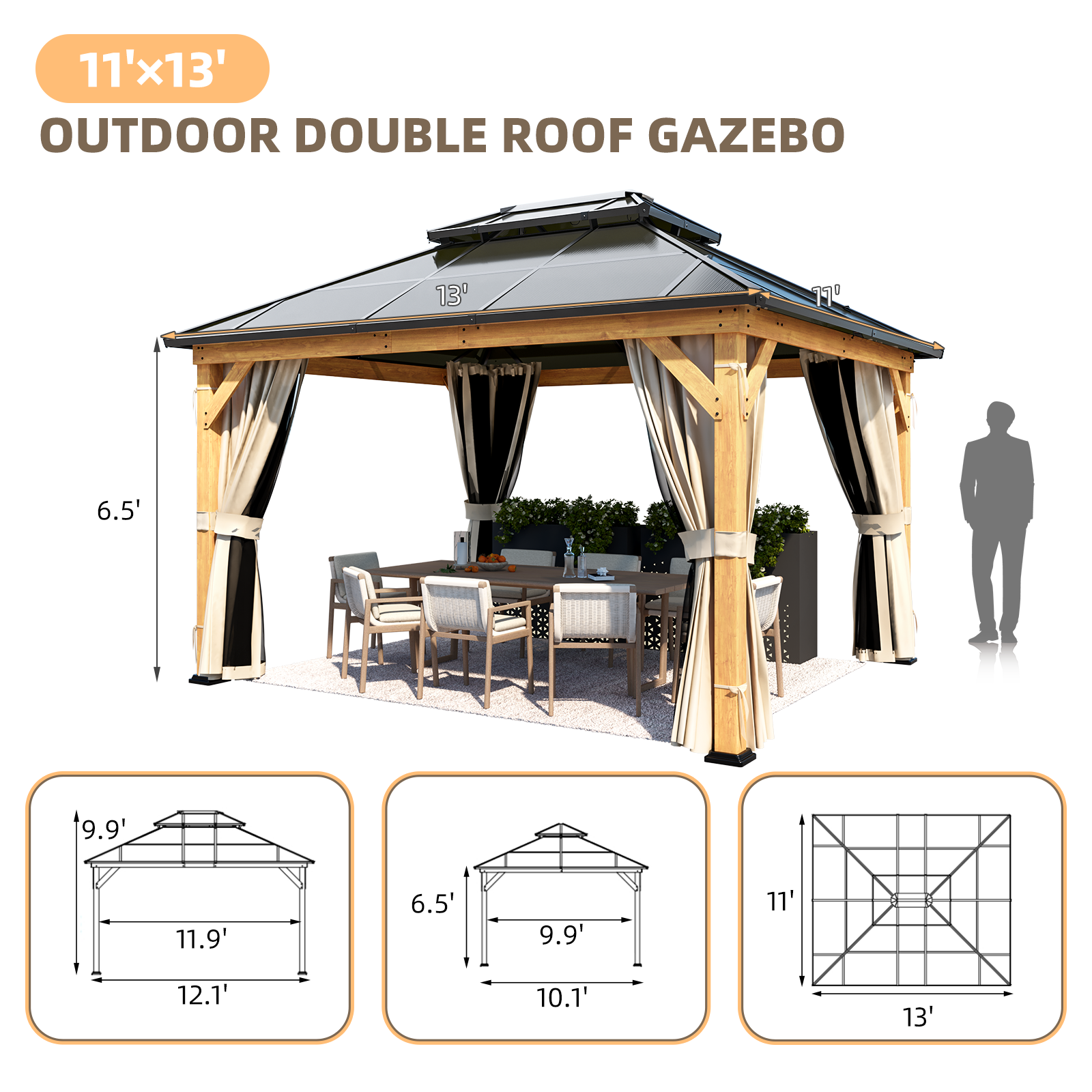 Homrest 11'x 13' Hardtop Gazebo, Wood Outdoor Gazebo, Polycarbonate Double Roof, Netting and Curtains, Patio Gazebo