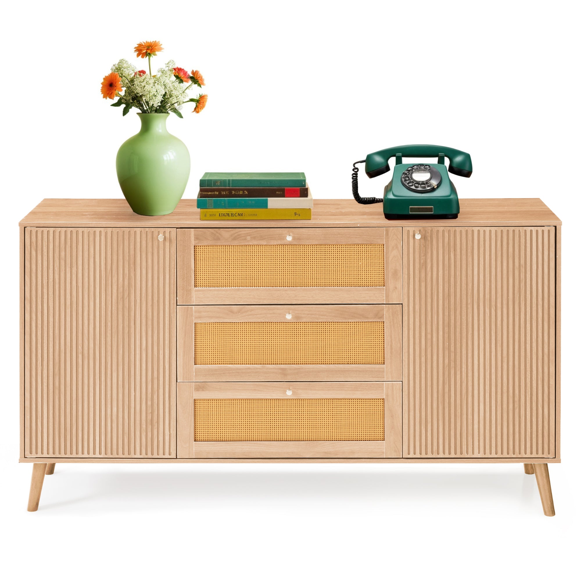 HOMREST Solid Wood Sideboard Buffet Cabinet, Mid-Century Credenza for Living Room, Entryway, Light wood