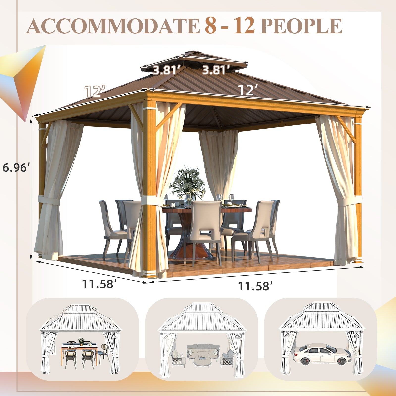 Homrest 12' x 12' Hardtop Gazebo with Aluminum Frame, Wood-Grain