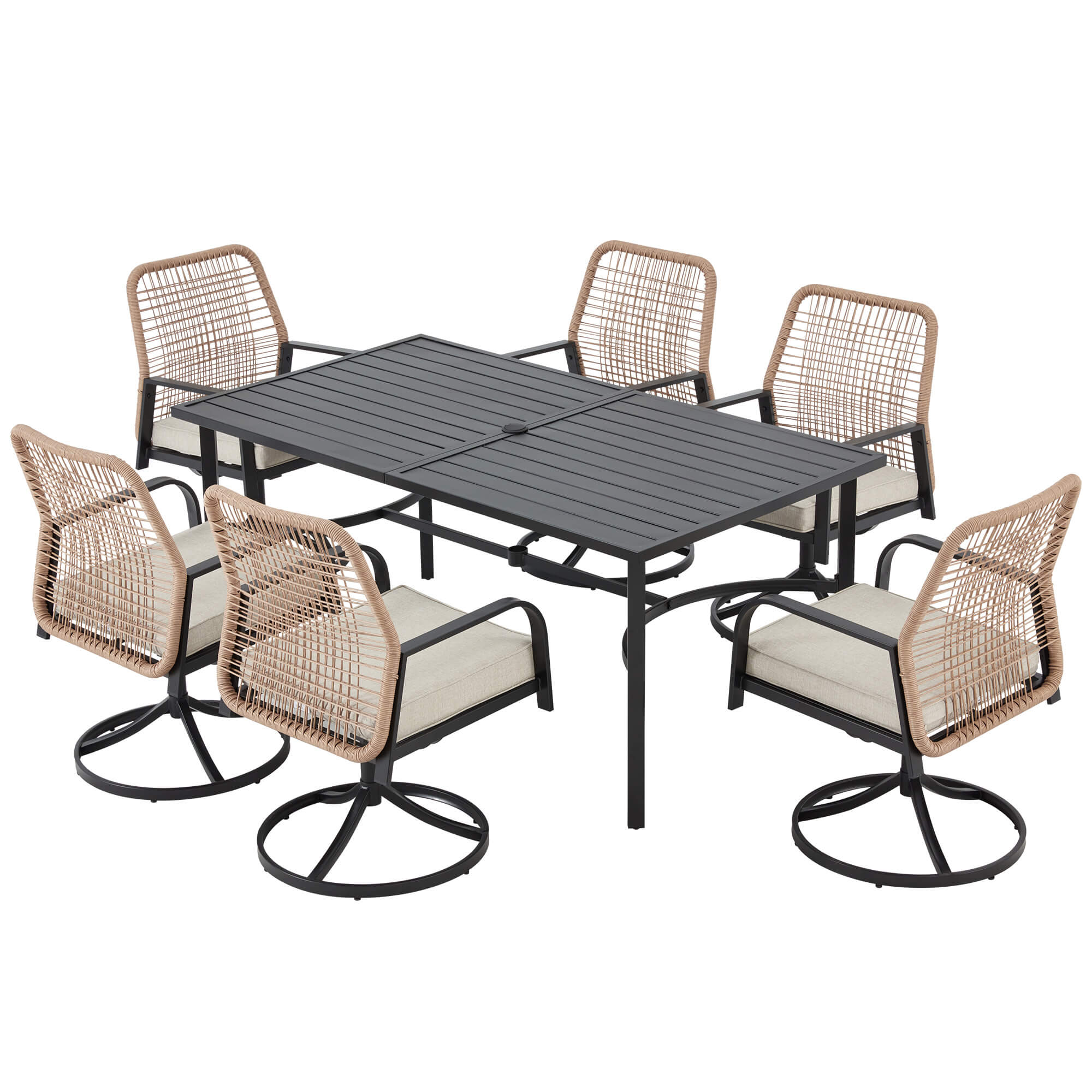 HOMREST 7-Piece Outdoor Dining Set, 6 Swivel Rattan Chairs with Thick Removable Cushions, Rectangular Dining Table with Umbrella Hole
