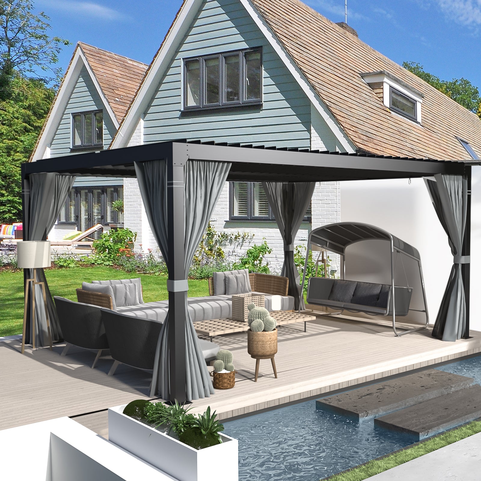 HOMREST Louvered Pergola 10x12 Outdoor Hard Top Pergola with Aluminum Frame and Adjustable Metal Rainproof Roof for Garden & Patio, Curtains and Netting Included, Gray-Black