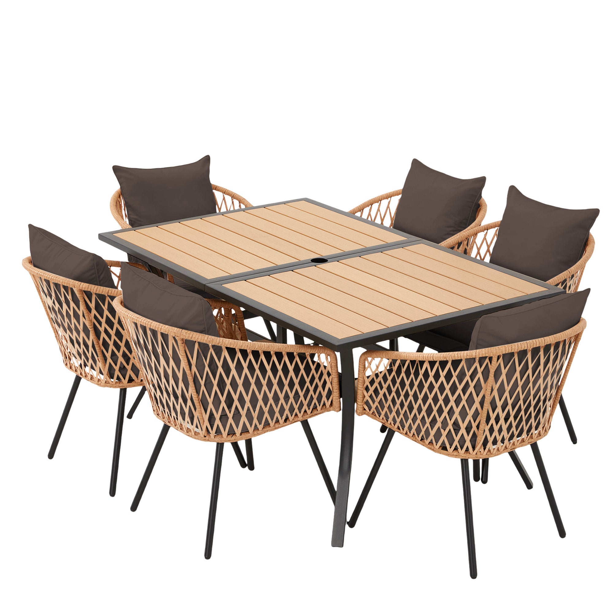HOMREST 7-Piece Outdoor Dining Set – Rectangular Table with Umbrella Hole & 6 Rattan Chairs, Brown