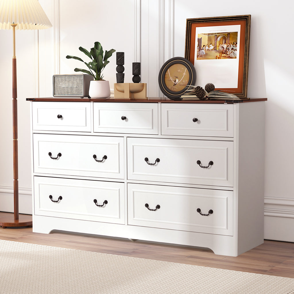 HOMREST Farmhouse 7 Drawers Dresser for Bedroom, 54" Wide Kids Chest of Drawers for Living Room, Antique White
