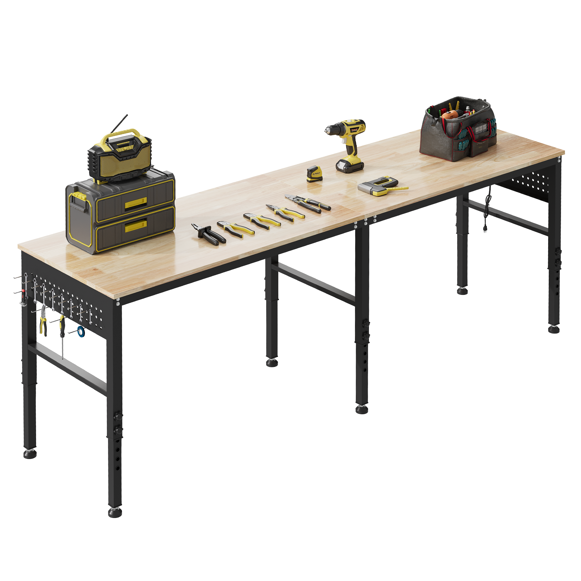 96" Adjustable Heavy Duty Workbench with Power Outlets & Pegboard, 2000 LBS Capacity Rubber Wood Top Work Table for Garage, Workshop, Home & Commercial