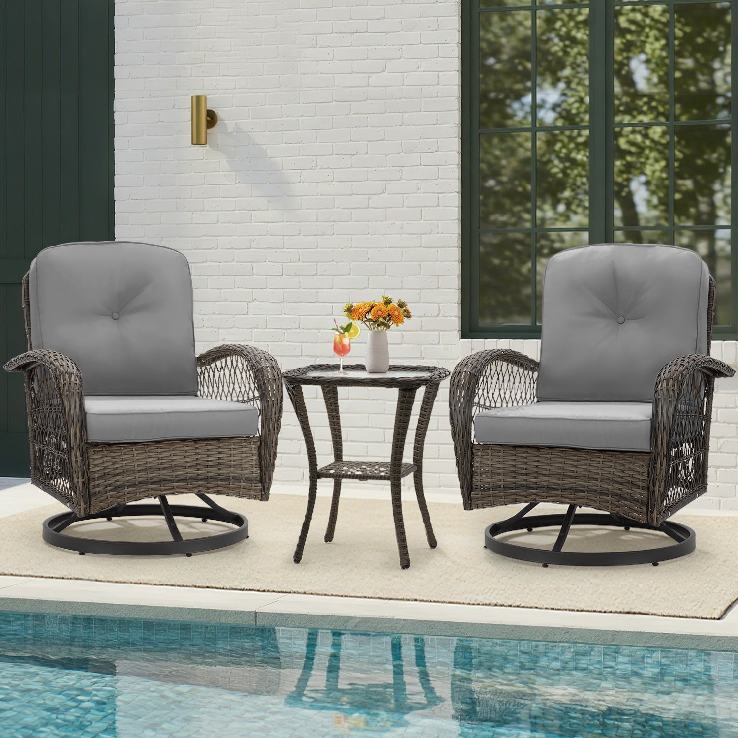 HOMREST 3-piece Patio Swivel Glider Chair Set，360° Glide & Rotate, Grey