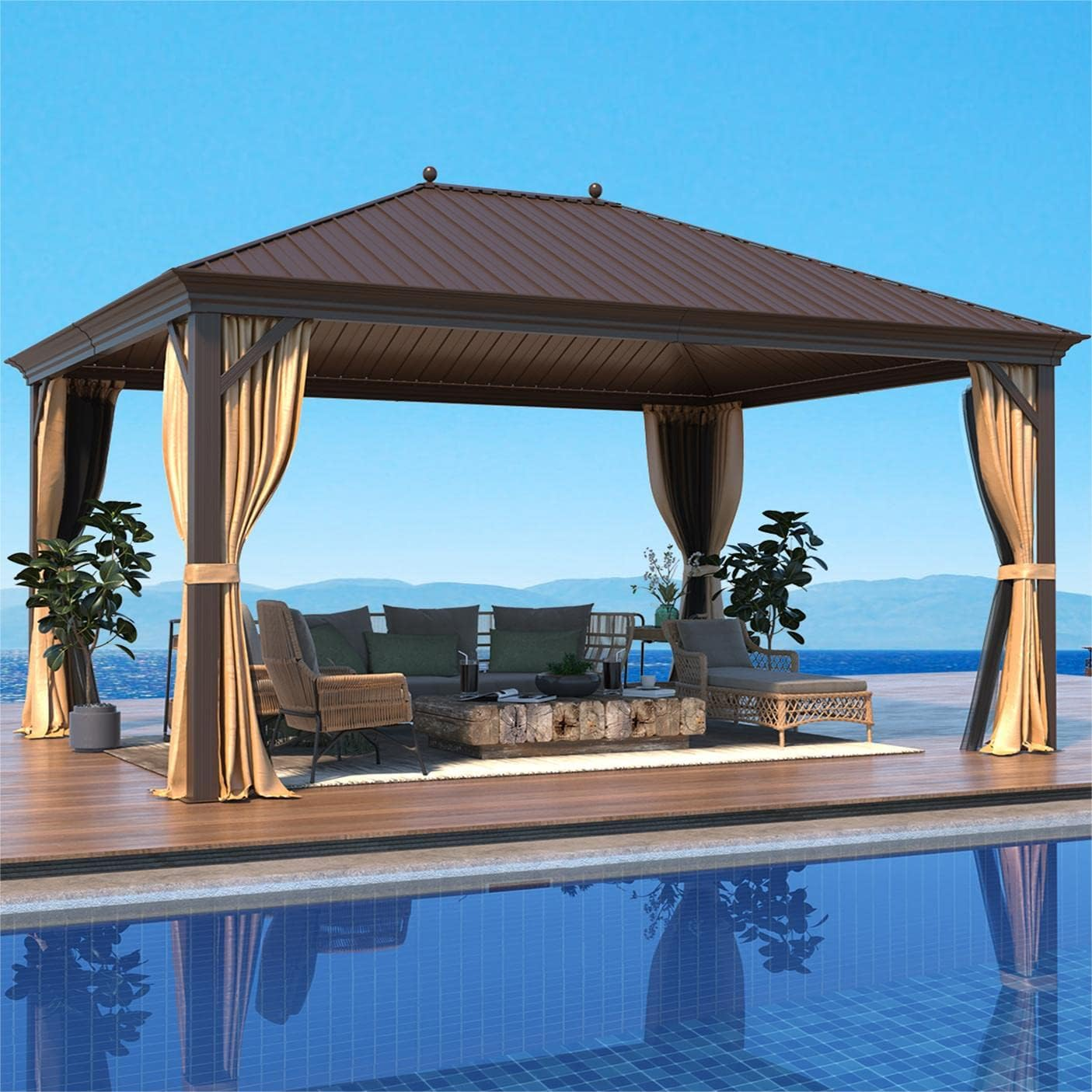 Homrest 12' x 16' Hardtop Gazebo, Galvanized Steel Metal Single Roof Aluminum Gazebo with Curtain and Netting, Brown Permanent Pavilion