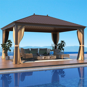 Homrest 12' x 16' Hardtop Gazebo, Galvanized Steel Metal Single Roof Aluminum Gazebo with Curtain and Netting, Brown Permanent Pavilion
