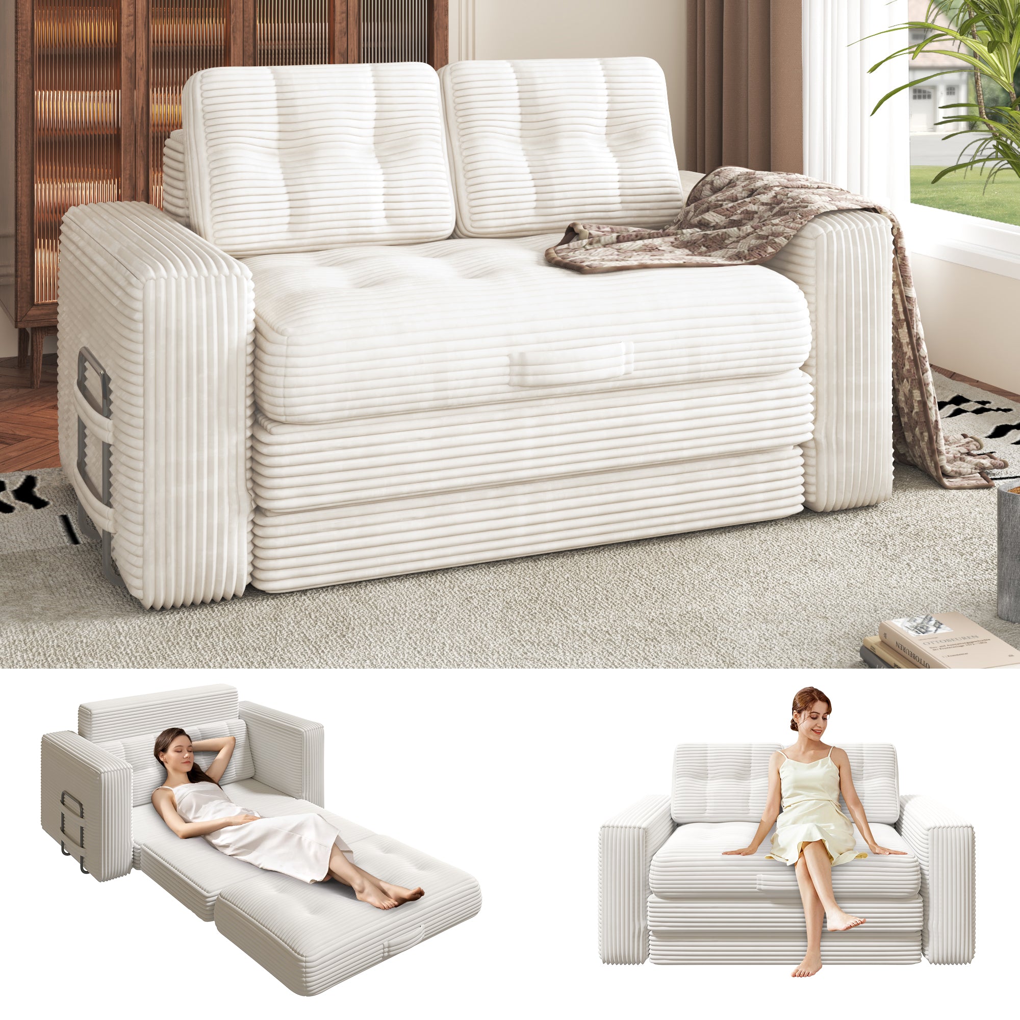 HOMREST No Assembly Needed Convertible Sofa Bed, 2 in 1 Boneless Couch Bed with 2 Pillows, Beige