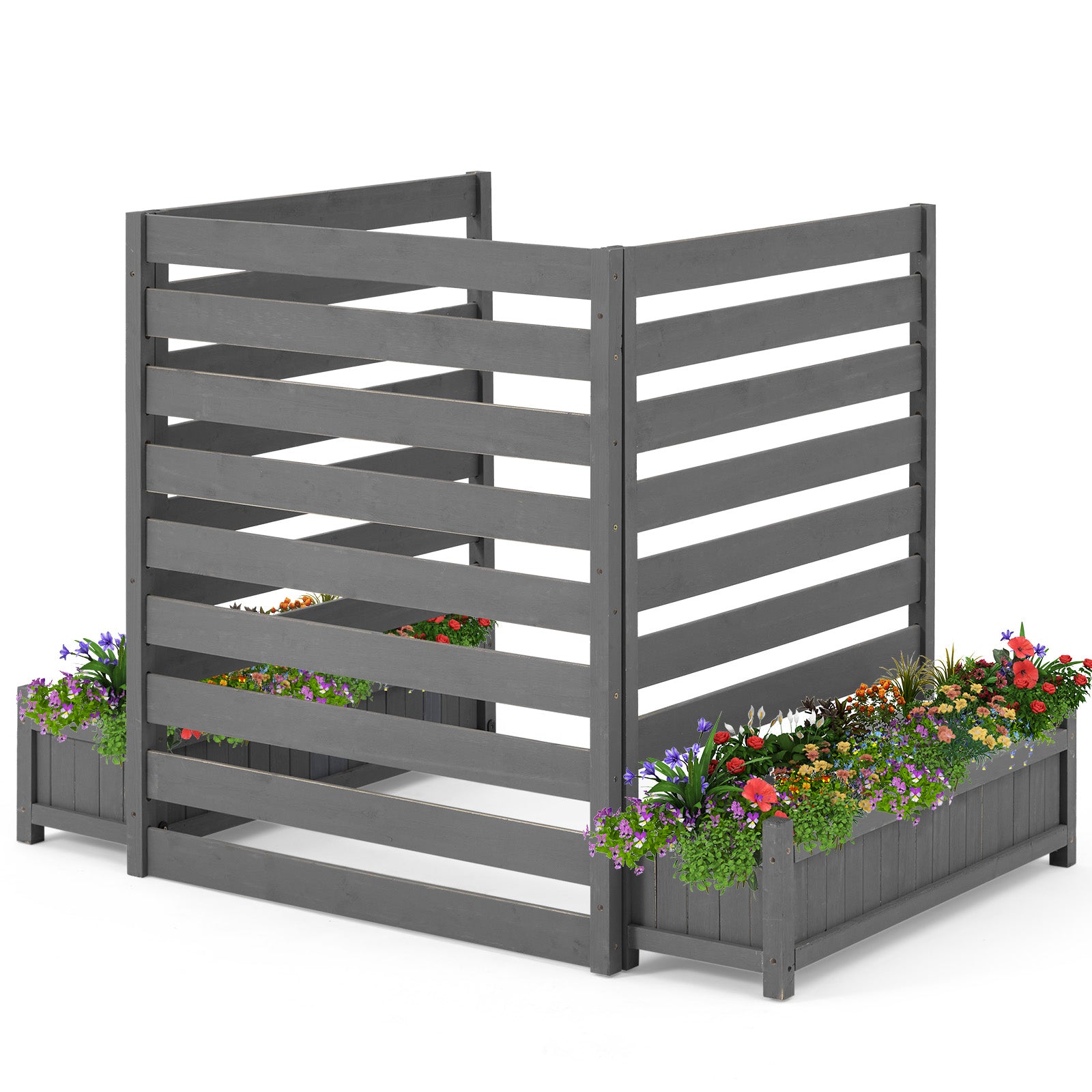 HOMREST No-Dig Privacy Fence with Planter Box - 3 Panels, 33" W x 39" H Durable Outdoor Patio Wood Screen for AC Unit, Trash Hide & Floral Garden Bed, Grey