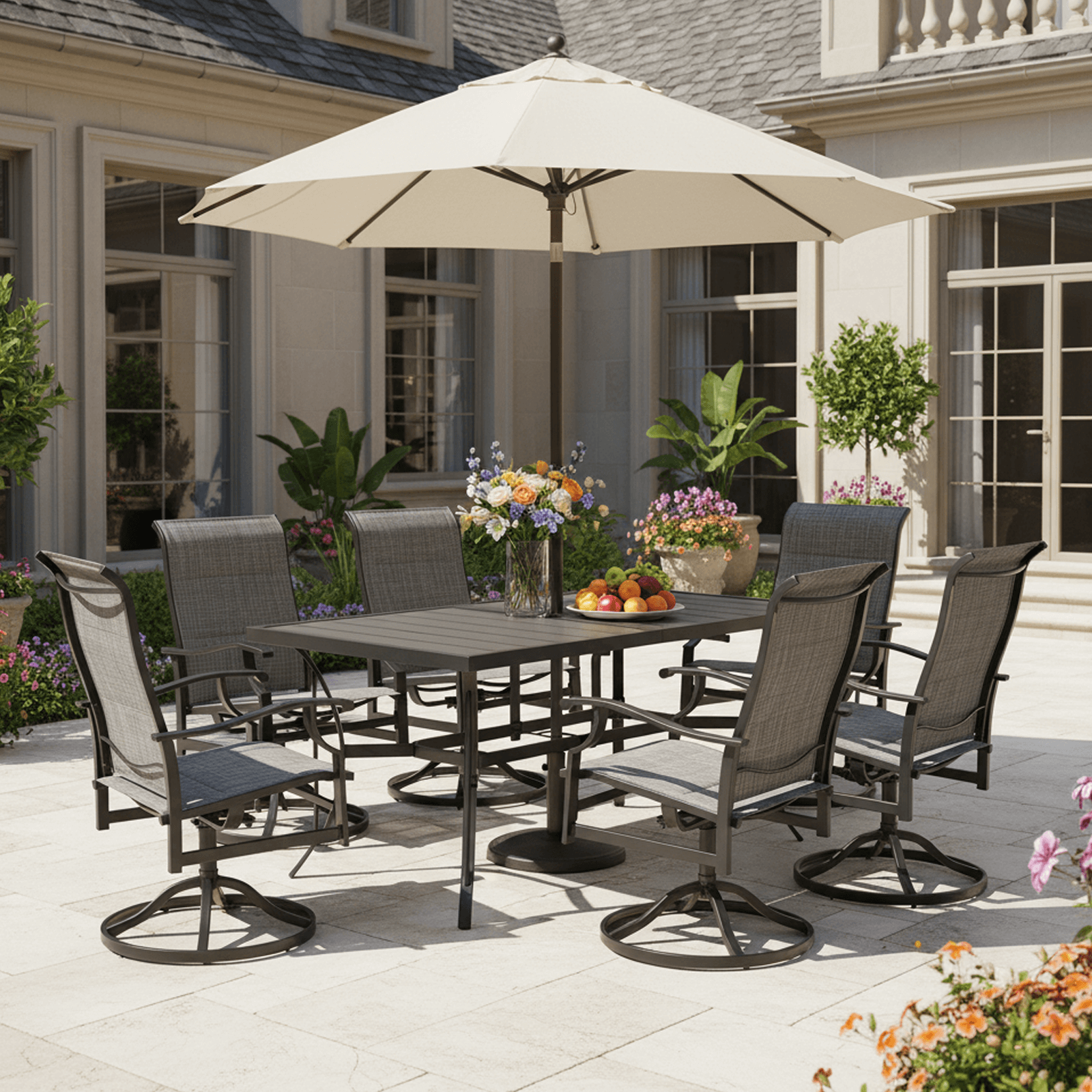 HOMREST 7 Piece Outdoor Patio Dining Set with 6 Swivel Rocker Chairs, Rectangular Metal Table with Umbrella Hole, Gray