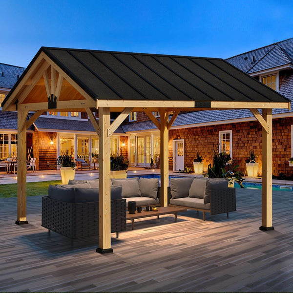 Homrest 11x 12 Hardtop Gazebo, Solid Spruce Wood Gazebo with Waterproof Asphalt Roof, for Lawns, Beach, Patio, Garden