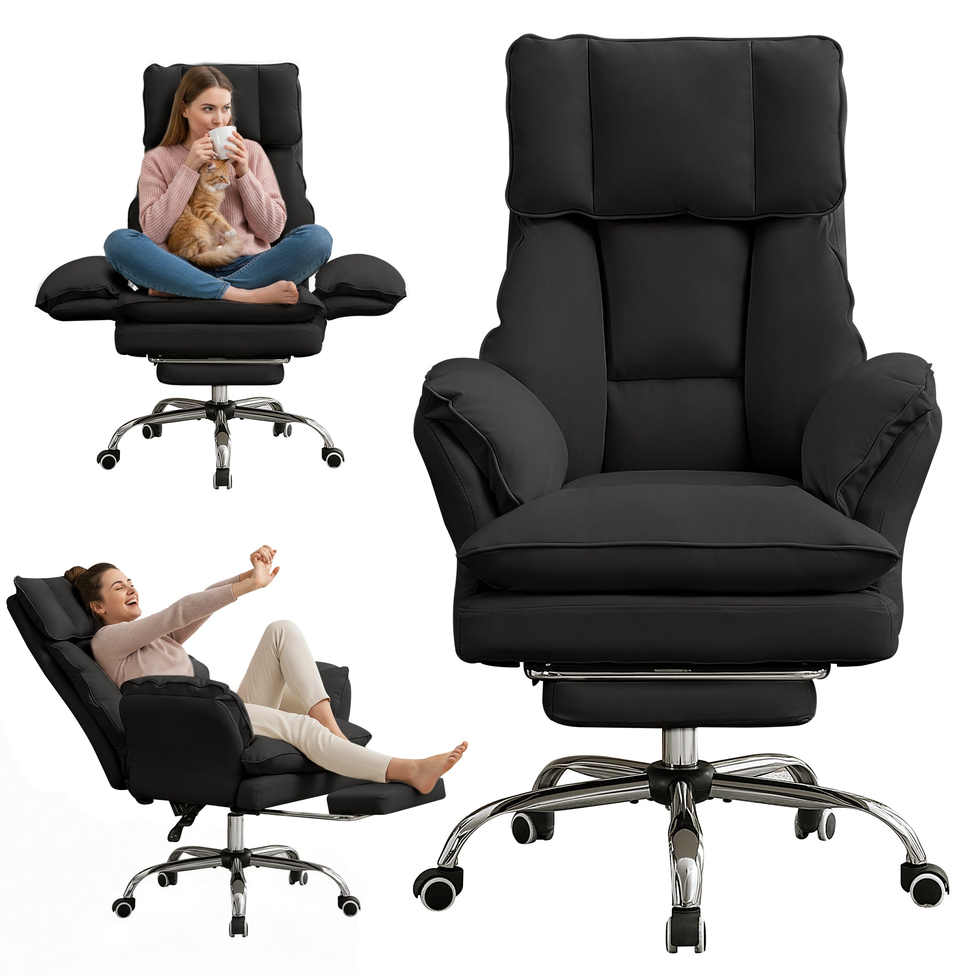 HOMREST Cloud Cross Legged Office Chair with Footrest,Leather Big and Tall Executive Ergonomic Chair,155° Reclining Computer Wide Desk Chair, Black
