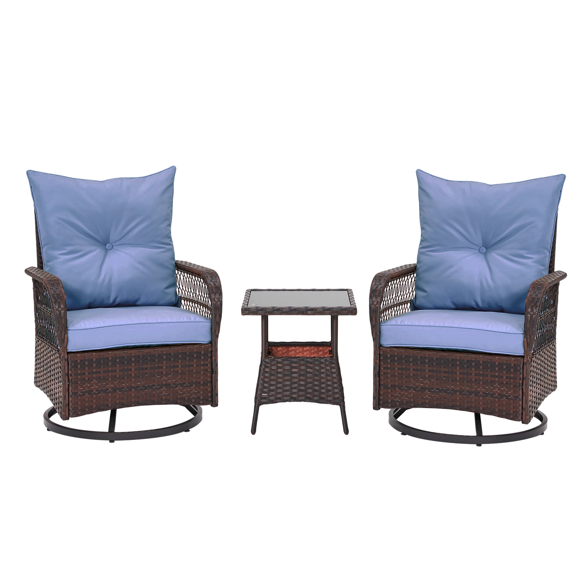 HOMREST 3-Piece Patio Swivel Rocker Set with Rattan Coffee Table, Blue