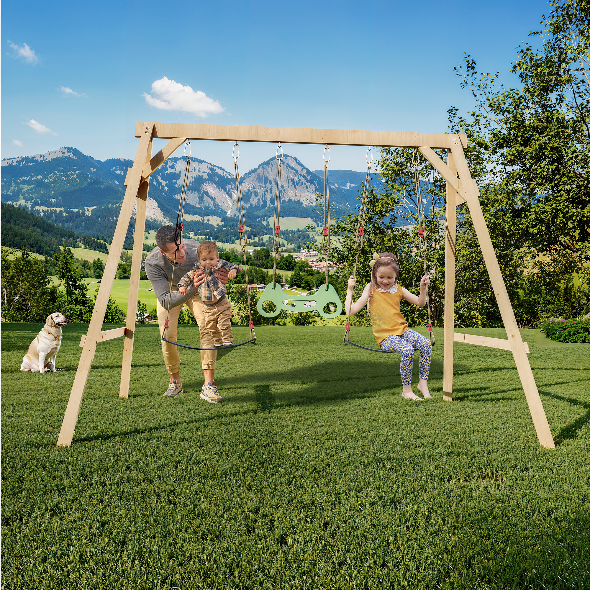 Homrest Wooden Swing Sets for Backyard with 2 Belt Swings and Trapeze Bar, Outdoor Playset for Kids, Backyard Discovery Wooden Swing Set