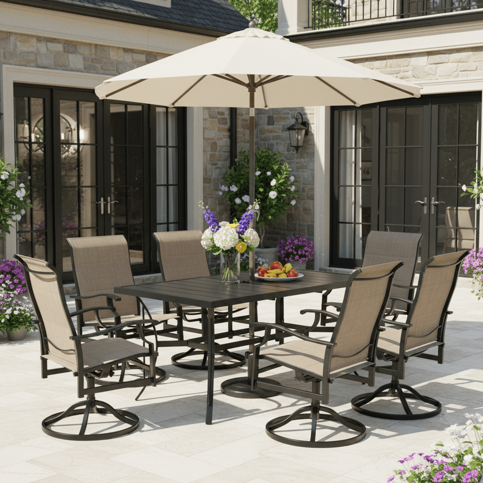 HOMREST 7 Piece Outdoor Patio Dining Set with 6 Swivel Rocker Chairs, Rectangular Metal Table with Umbrella Hole, Brown