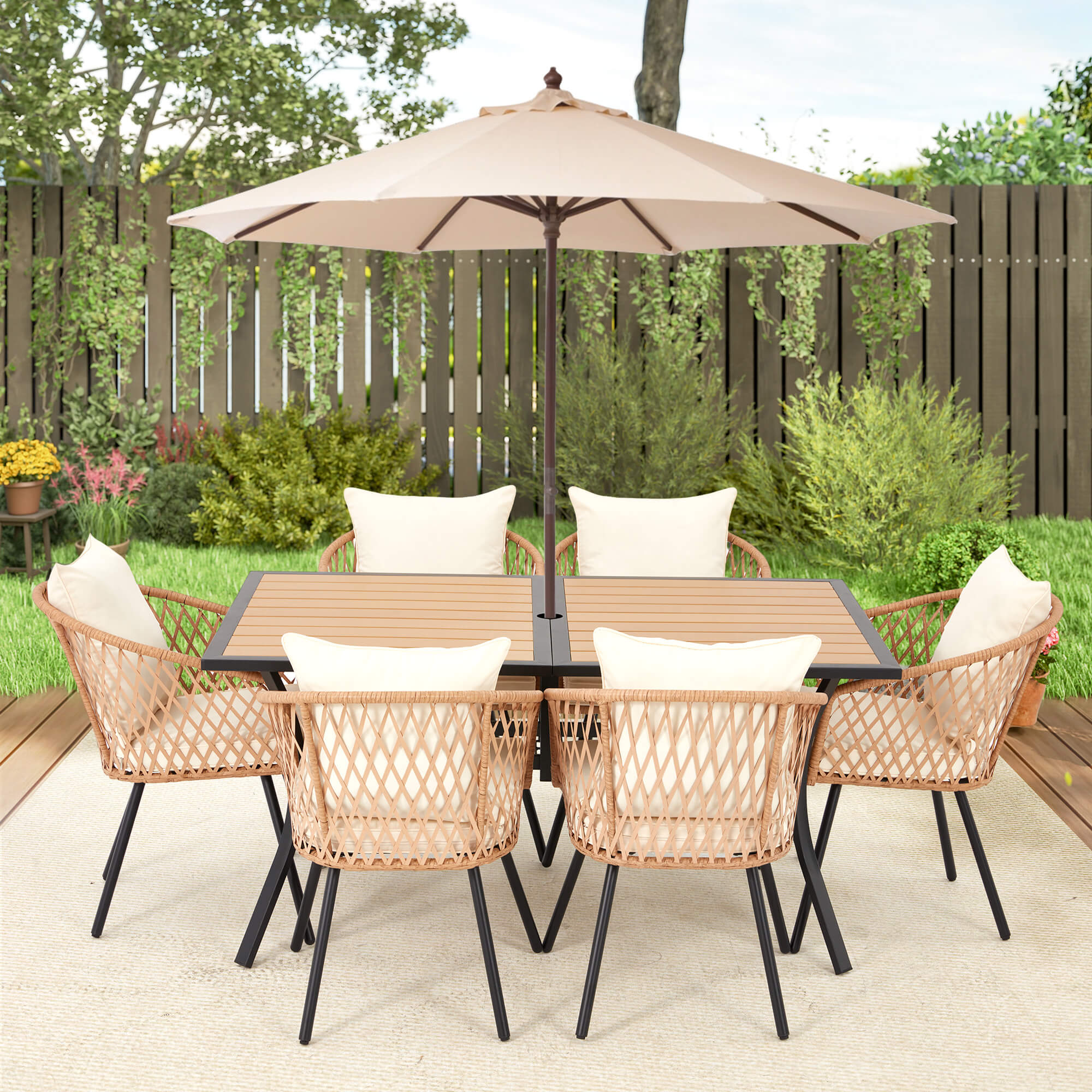 HOMREST 7-Piece Outdoor Dining Set – Rectangular Table with Umbrella Hole & 6 Rattan Chairs, Beige
