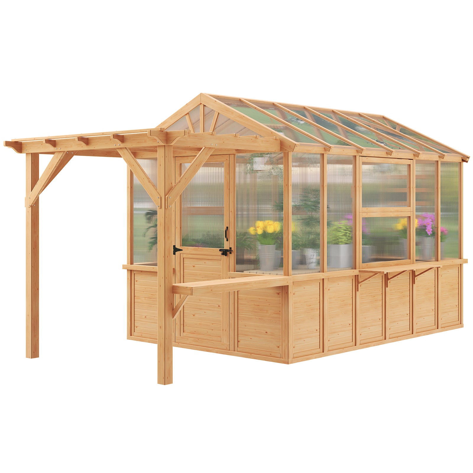 HOMREST 7x16 FT Spruce Wood Greenhouse with Pergola, Large Walk-in Polycarbonate Greenhouse Kit with Top-Hung Windows, Built-in Workstation and Staging Shelves for Backyard Garden