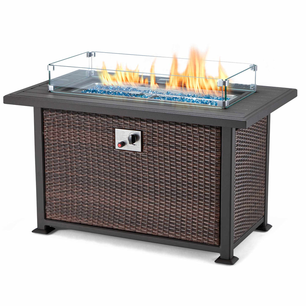 44 In propane fire pit table with glass wind guard and aluminum table top, dark brown. | Homrest furniture