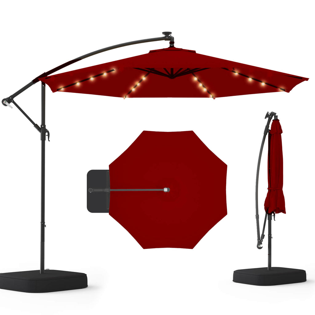 Homrest 10ft Solar Lighted Patio Umbrella with Base, Outdoor Cantilever Umbrella, Infinite Tilt, Burgundy