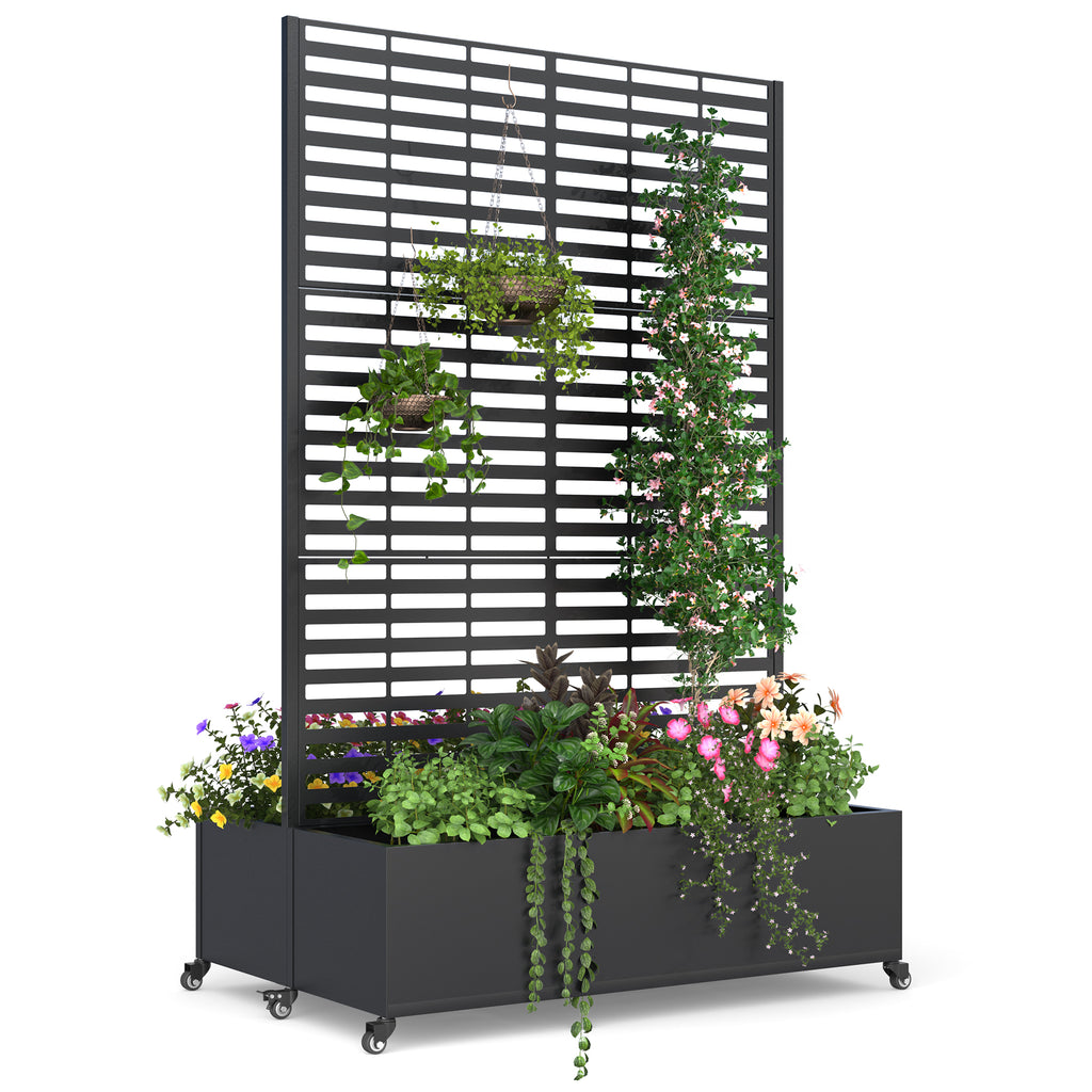 HOMREST Dual Metal Planter Box with Trellis, 73"x47"x31" Raised Garden Bed with Wheels and Drainage Holes, Planter with Trellis for Garden, Balcony & Patio, Black