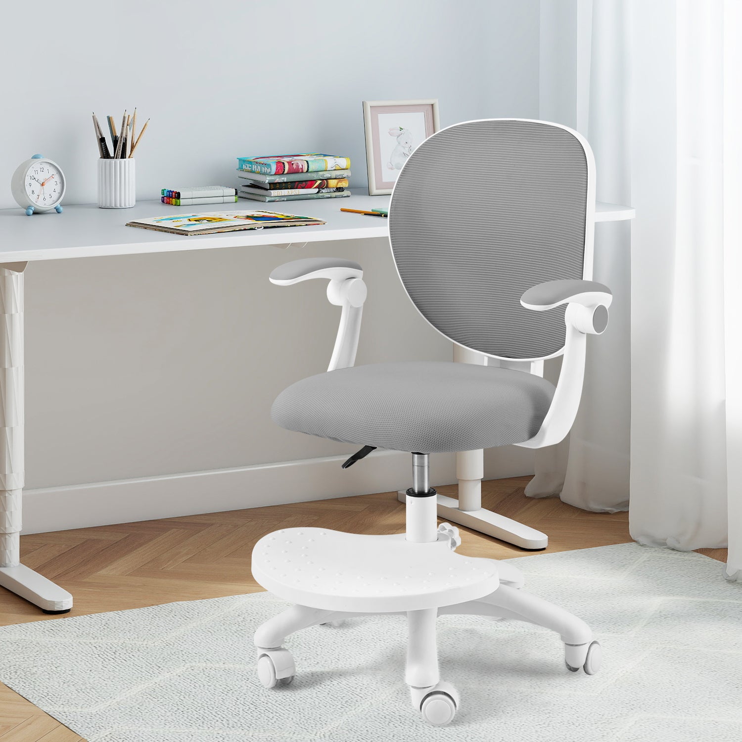 HOMREST Kids Desk Chair,Ergonomic Kids Study Chairs with Adjustable Height,Breathable Mesh Removable,Non-Slip Footrests, Gray