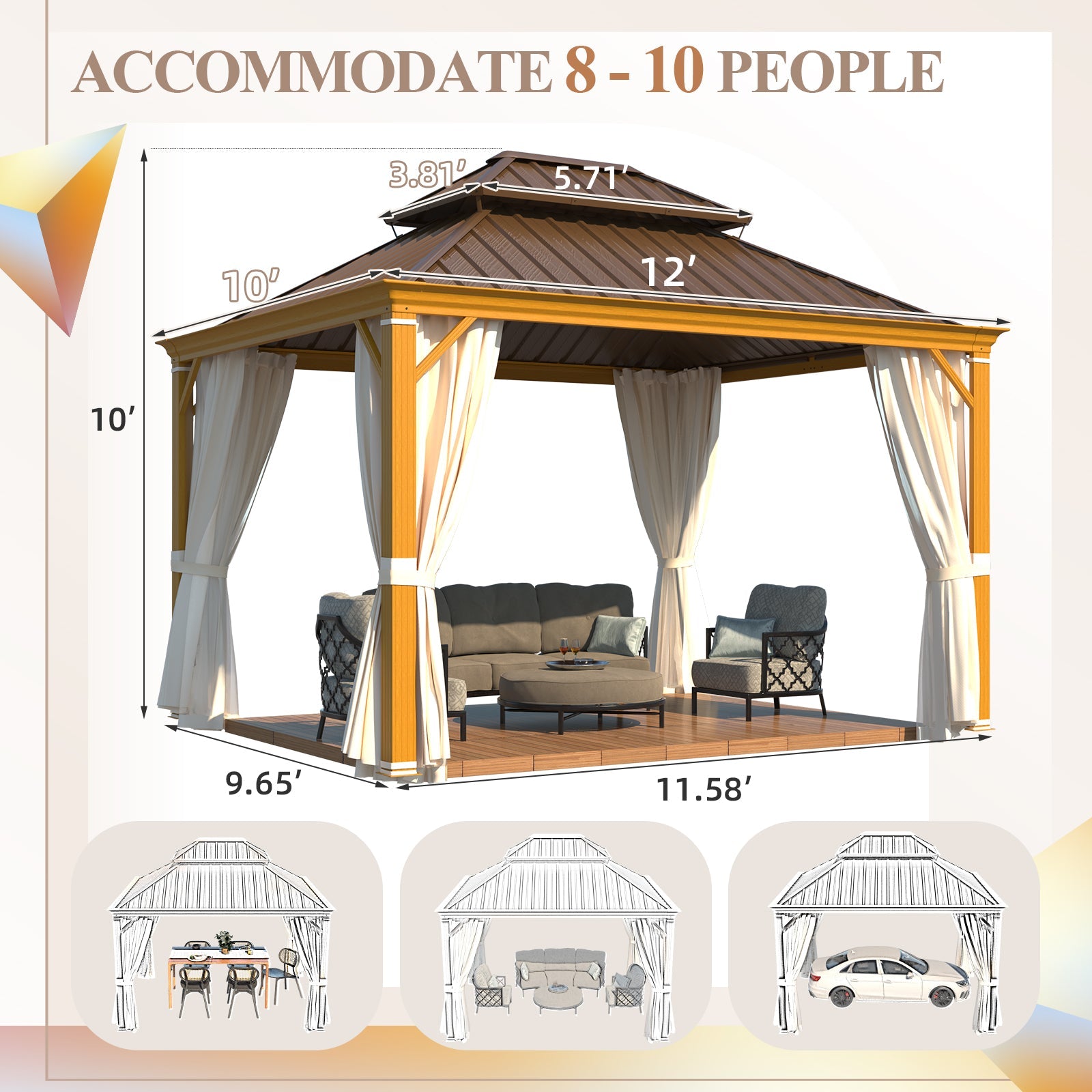 Homrest 10' x 12' Hardtop Gazebo with Aluminum Frame, Wood-Grain