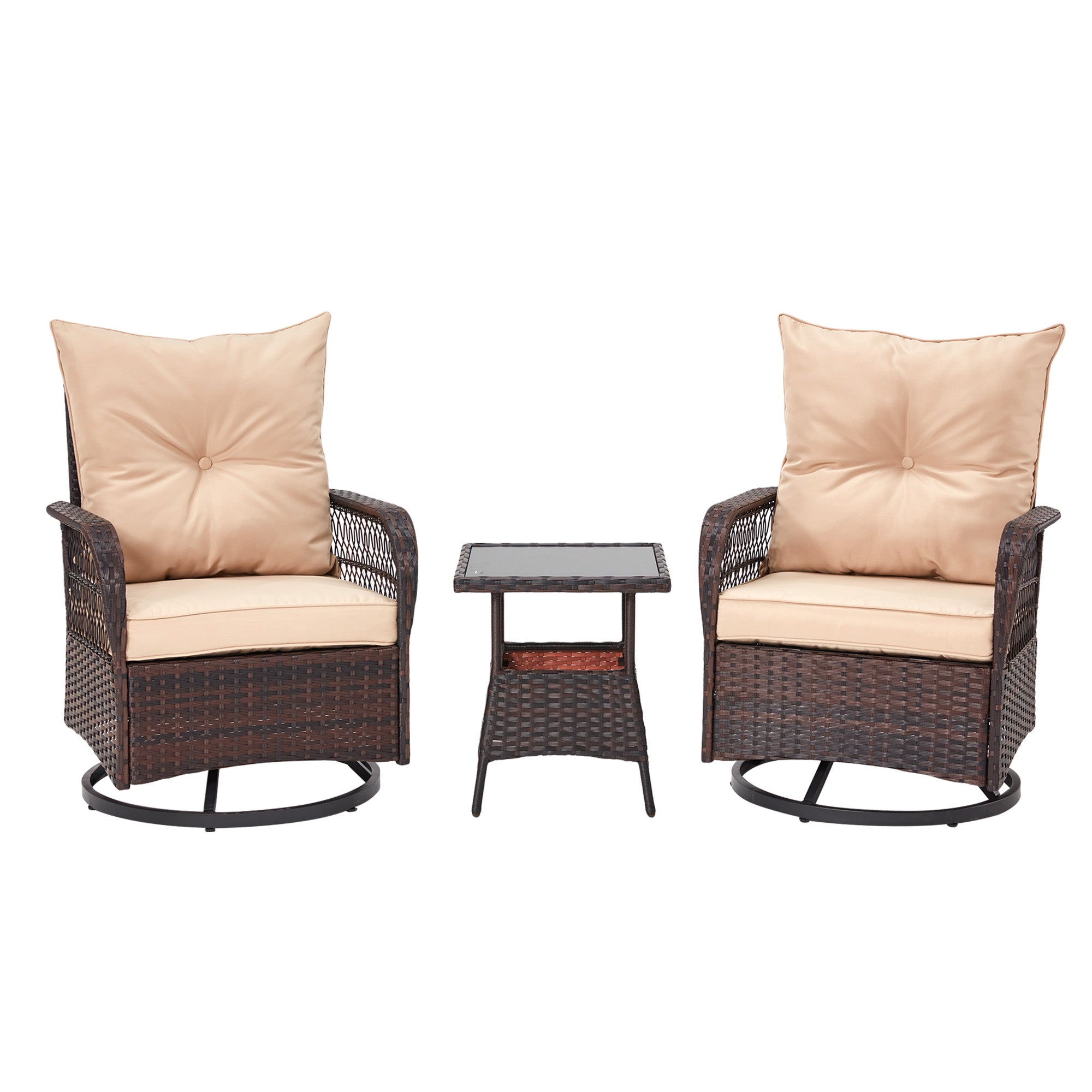 HOMREST 3-Piece Patio Swivel Rocker Set with Rattan Coffee Table, Beige