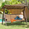 HOMREST Porch Swing with Hardtop Sunshade, 3 Seat with 2 Side Cup Holder with Cushion, 2 Pillows for Front Outdoor Porch Lawn Khaki