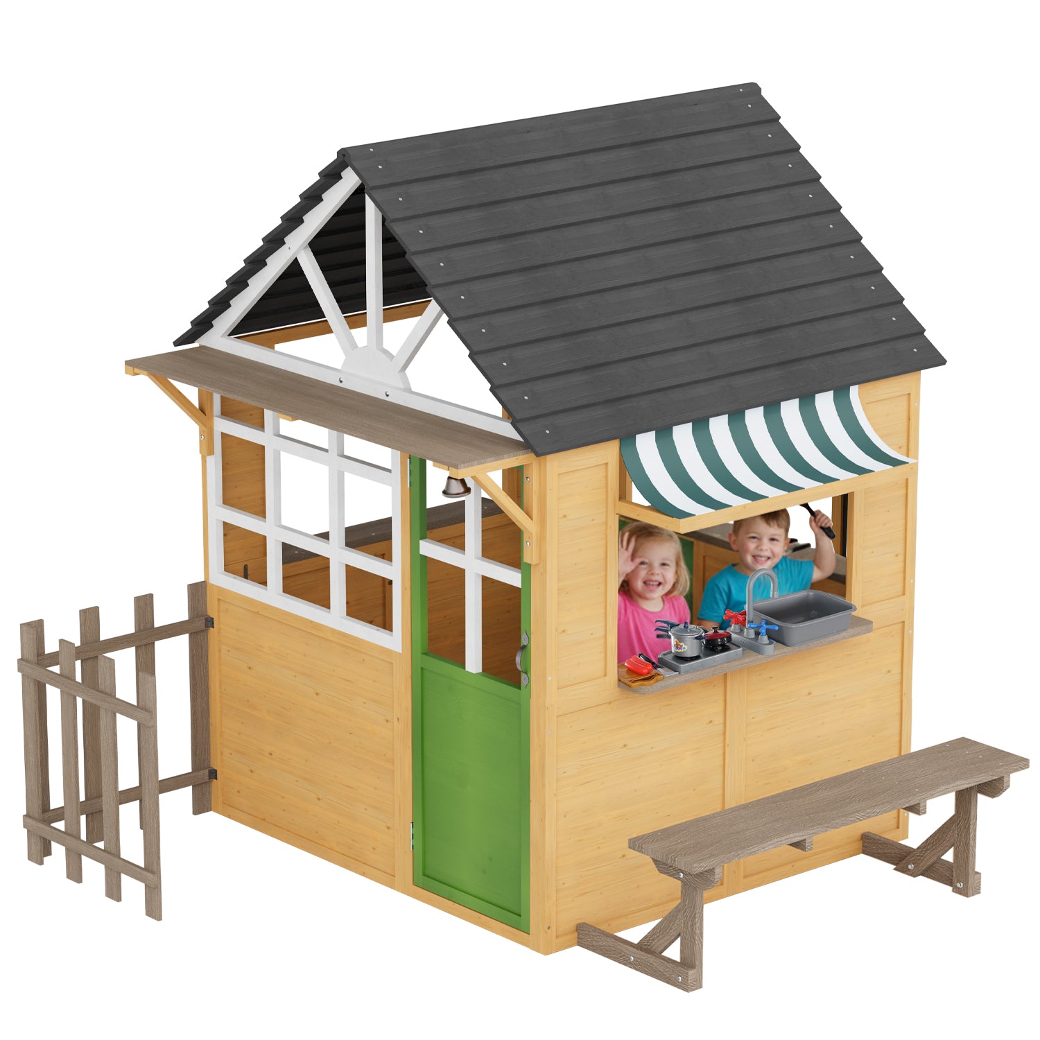 HOMREST Outdoor Play House for Kids, Wooden Kids Playhouse with Kitchen Toys, Blackboard,Chalks,Eraser,Magnetic Door, Bench, Foldable Sunshade Canopy,Bell, Pet Hole, Clock,Wood Color