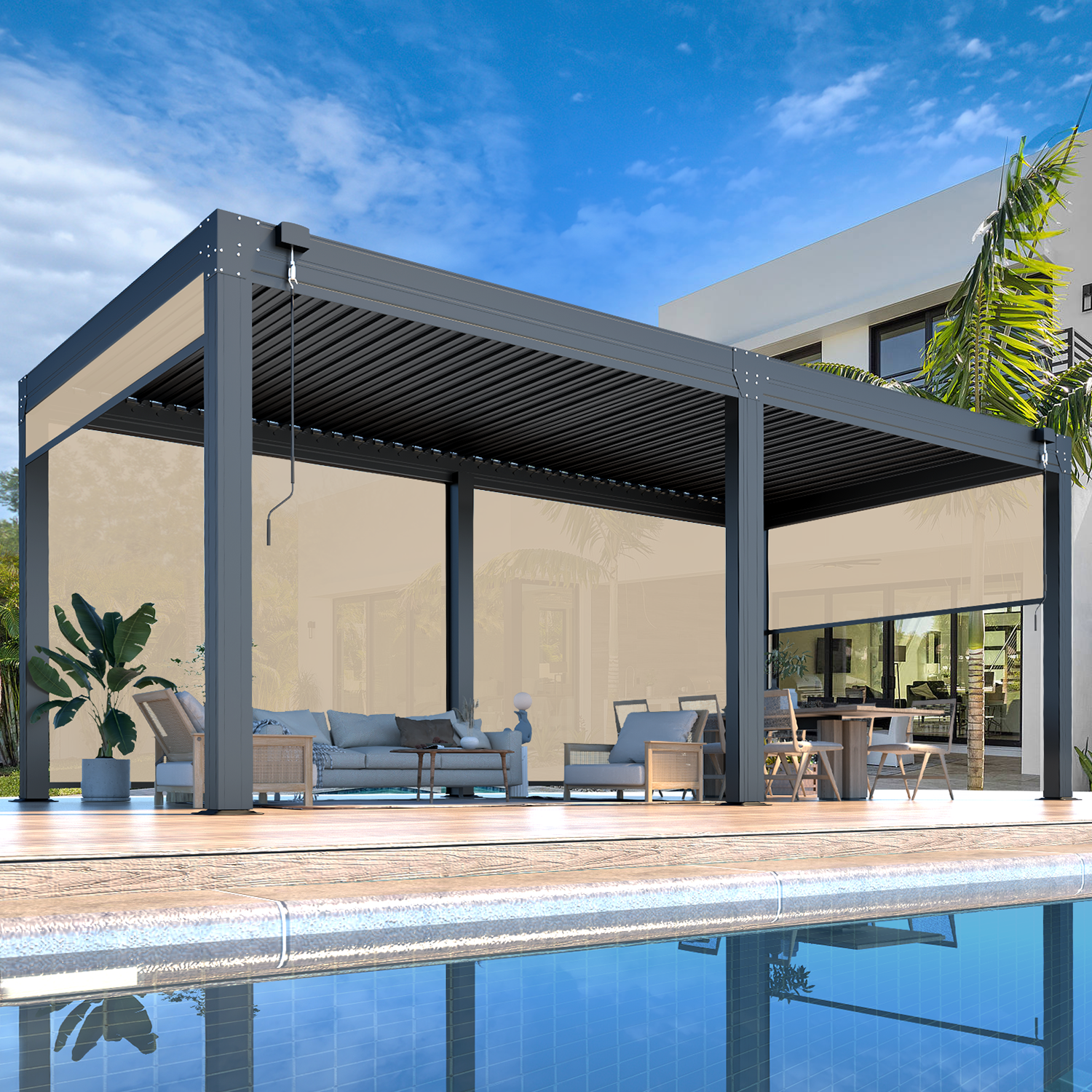 HOMREST 10x20FT Louvered Pergola with 6-Panel Pull-Down Screen, Dark Gray