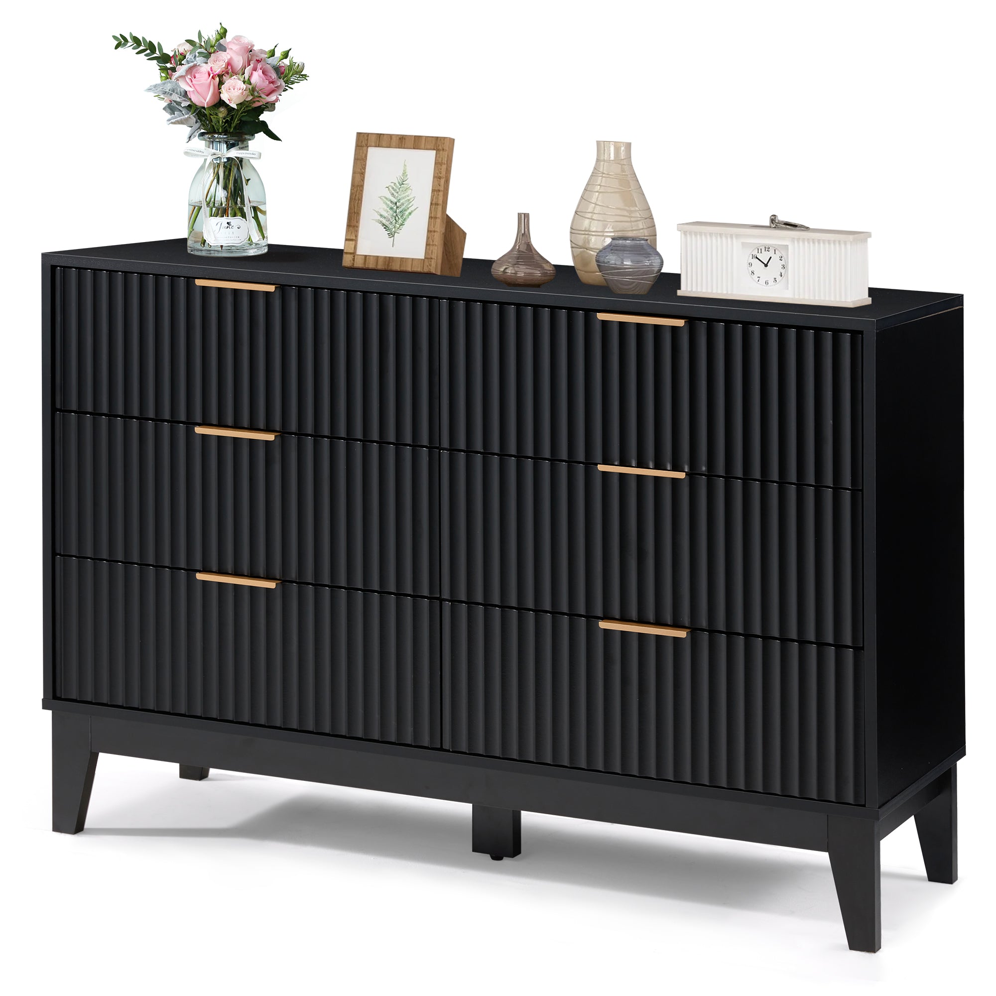 HOMREST Fluted Dresser for Bedroom, 6 Drawer Modern Dresser, Wide Modern Chest of Drawers with Metal Handle, Mid Century Modern Dresser, Black