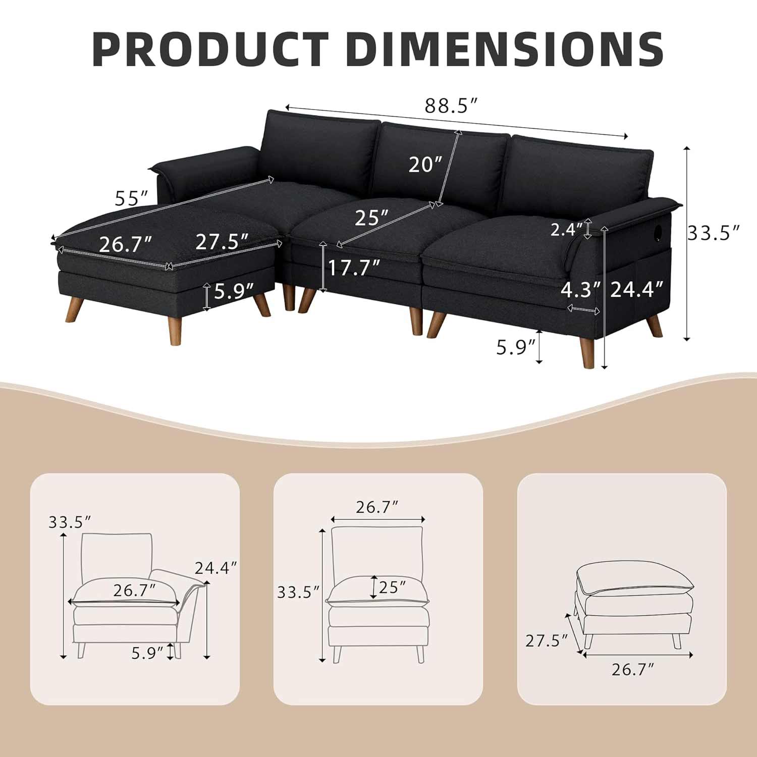 Product dimensions of Homrest sectional sofa set.