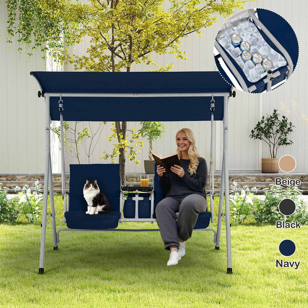 Homrest 2 Seat Outdoor Porch Swing with Adjustable Canopy, Navy Blue