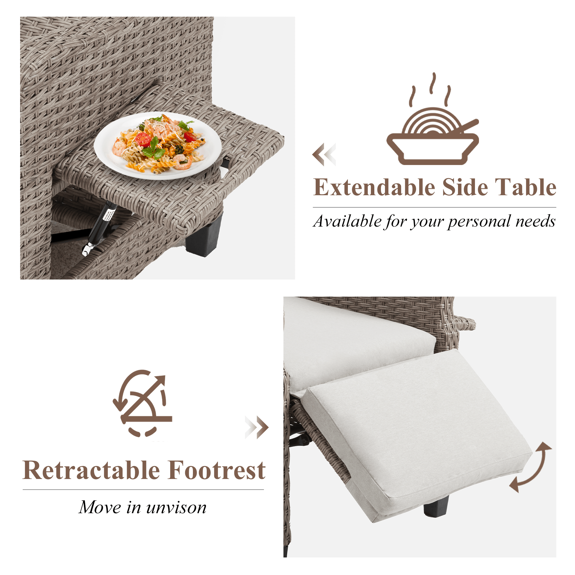 Homrest Outdoor Recliner Chair with Flip-up Table & Removable Cushion for Patio Deck Backyard, Beige
